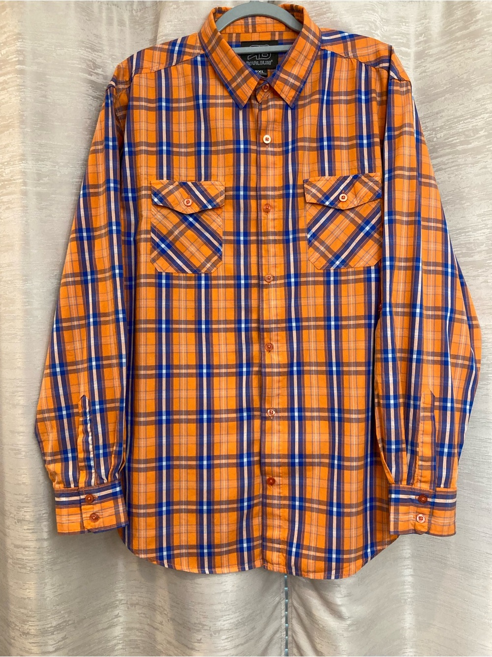 Royal Blue Orange, White and Blue Plaid Button-Down Shirt 2XL